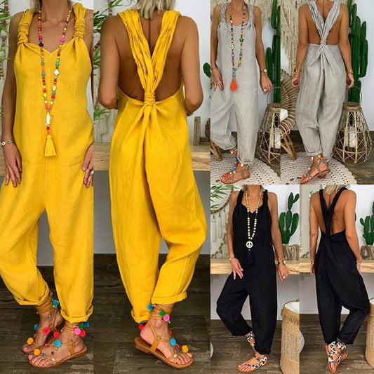 Women's Jumpsuit – Airy Cotton – Loose Fit – Ankle Length with Open Back