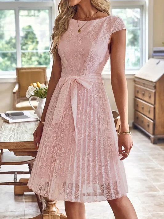 Dress for Women - Lace - Knee-Length - Fitted with Belt - Elegant Short Sleeves