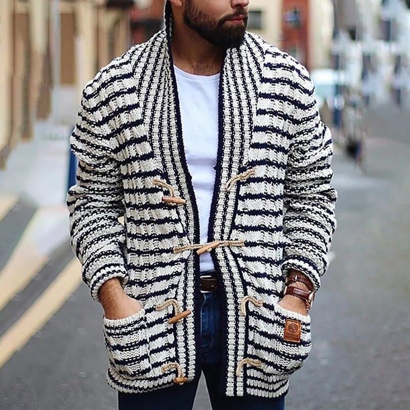 Herre Strikket Cardigan - Stripet Mønster - Sjal Krage - Knapper - Komfortabel Passform