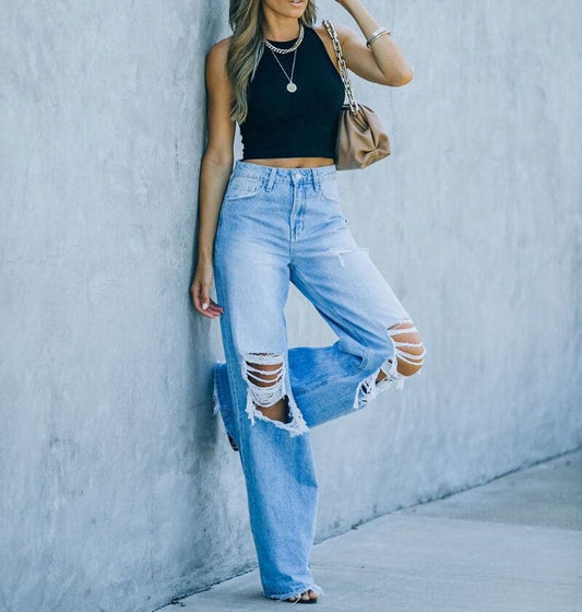 Dame Jeans - Vide Ben - Høy Midje - Distressed Trendy Passform