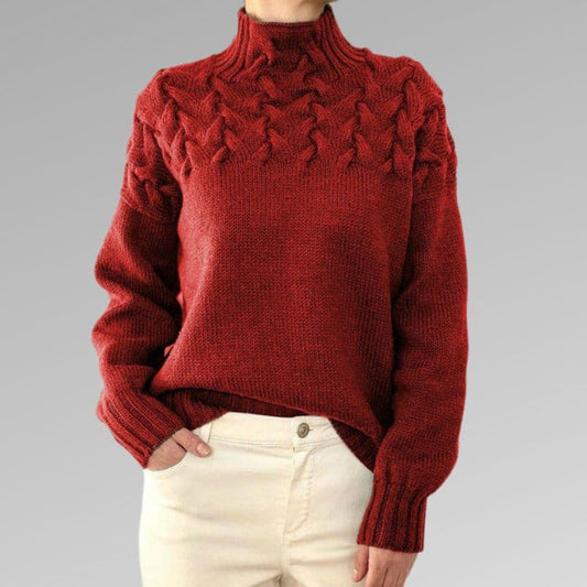 Women's Knitted Sweater - High Neck - Cable Knit Pattern - Ribbed Cuffs