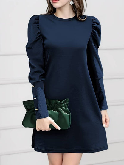 Dress for Women – Elegant A-Line – Puff Sleeves – Knee-Length – Button Details