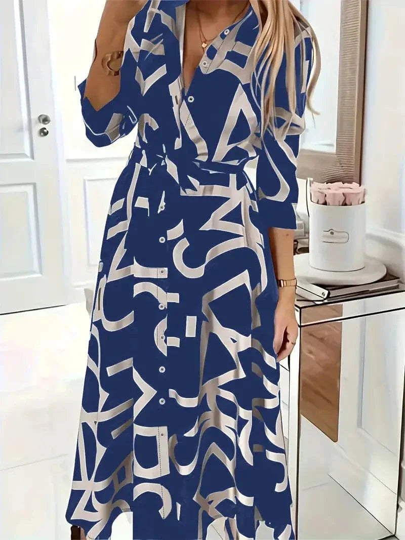 Women's Shirt Dress – Graphic Pattern – Midi Length – Adjustable Fit – 3/4 Sleeves