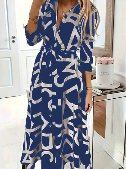 Women's Shirt Dress – Graphic Pattern – Midi Length – Adjustable Fit – 3/4 Sleeves