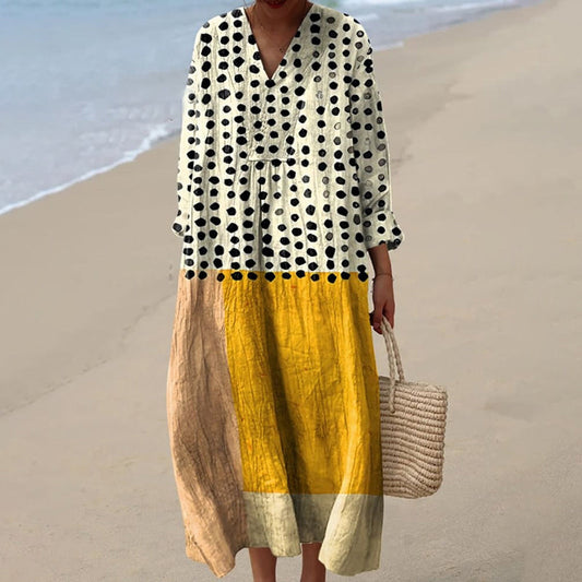 Dress for Women – Midi Length – Loose Fit – V-Neck – Long Sleeves – Geometric Pattern – Natural Fibers