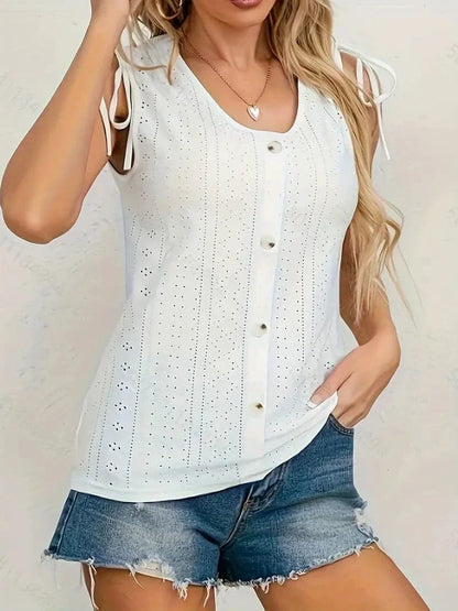 Women's Sleeveless Blouse – Button Front – Adjustable Shoulder Straps – Textured Fabric