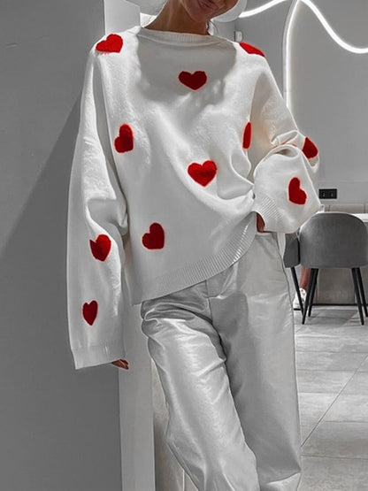 Women's Sweater – Knitted Oversized Fit – Heart Pattern – Long-Sleeved Casual