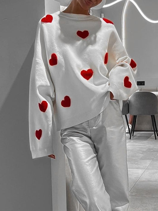 Women's Sweater – Knitted Oversized Fit – Heart Pattern – Long-Sleeved Casual