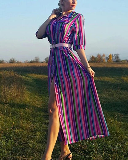 Women Shirt Dress - Midi Length - Breathable Fabric - Buttons and Collar - Relaxed Fit