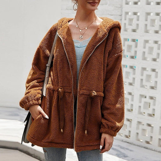 Dame Teddyjakke - Myk Plysj - Hette & Glidelås - Oversized Passform - Lommer