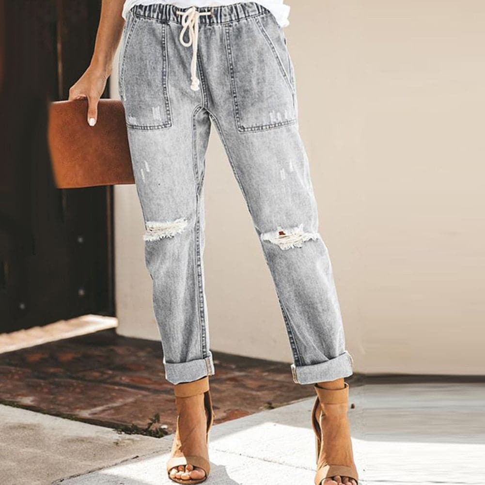 Dame Jeans – Avslappet Passform – Ripped Denim – Elastisk Midje med Snøring