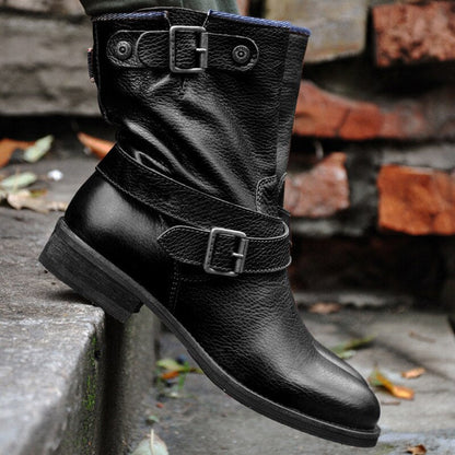 Women's Leather Boots – Slouchy Shaft – Decorative Straps and Buckles – Comfortable Sole