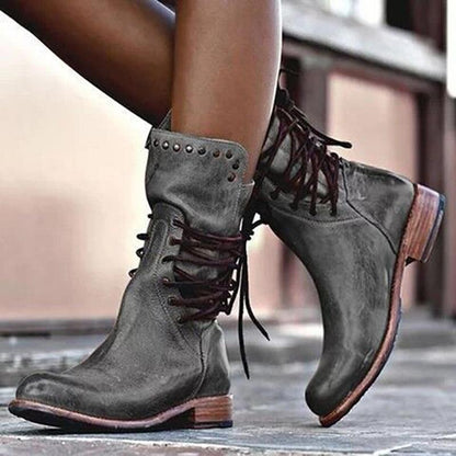 Women's Ankle Boots – Leather – Lacing – Stud Details – Low Heel – Round Toe