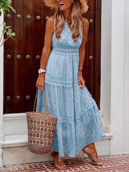Women's Maxi Dress - V-neck Sleeveless - Lace and Ruffles - Elegant and Comfortable