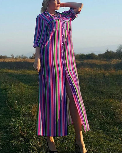 Women Shirt Dress - Midi Length - Breathable Fabric - Buttons and Collar - Relaxed Fit