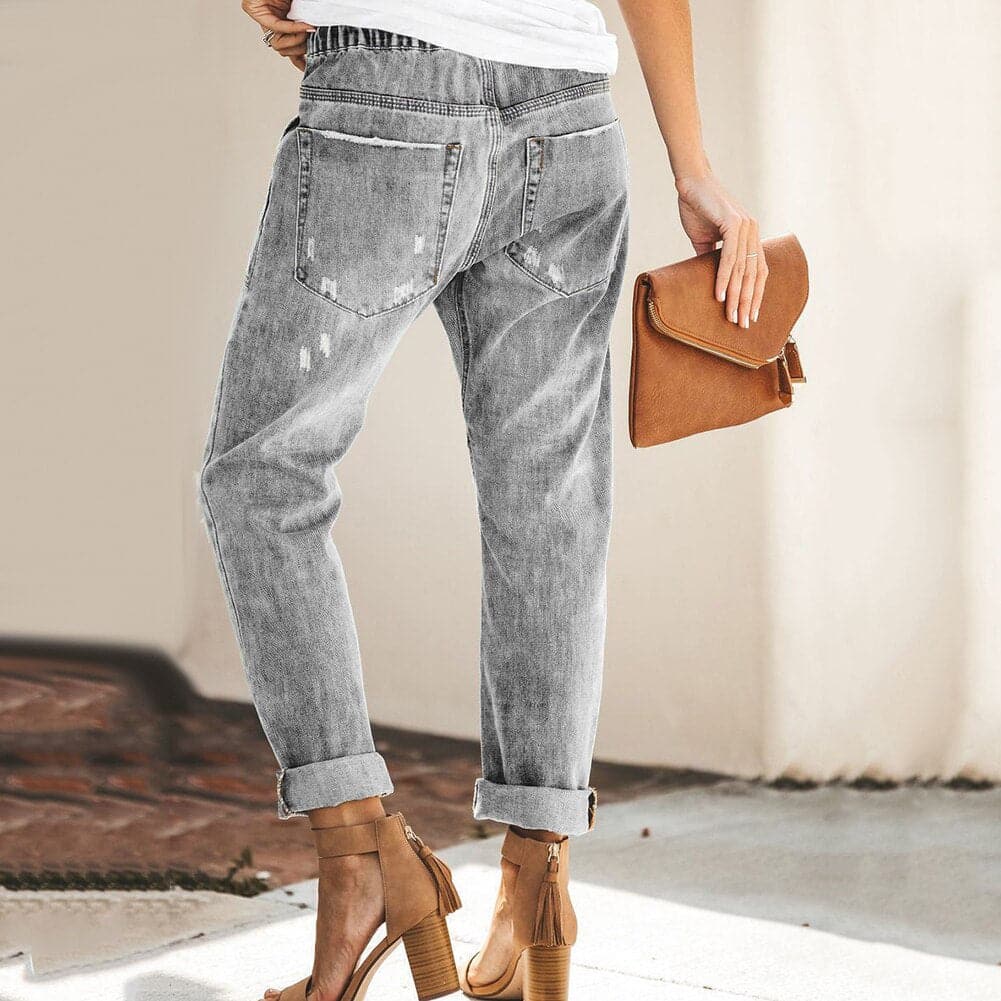 Dame Jeans – Avslappet Passform – Ripped Denim – Elastisk Midje med Snøring