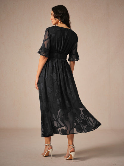 Dress for Women – Lace Maxi Dress – V-Neck – Ruffle Sleeves – Elegant Fit