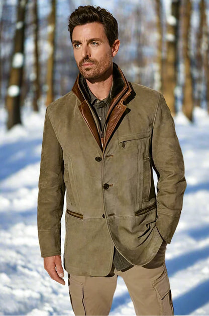 Men's Jacket - Suede Leather - Double-Breasted - Notch Lapel - Flap Pockets