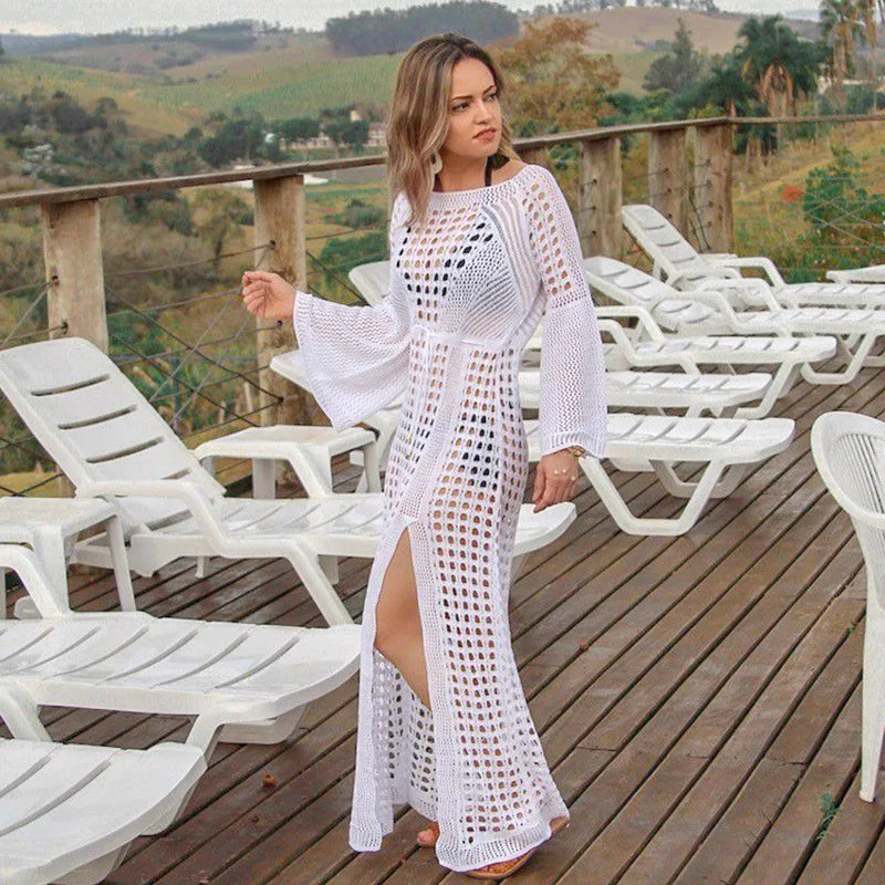 Dress for Women – Knitted Beach Dress – Loose Fit – Long Sleeved – High Slit