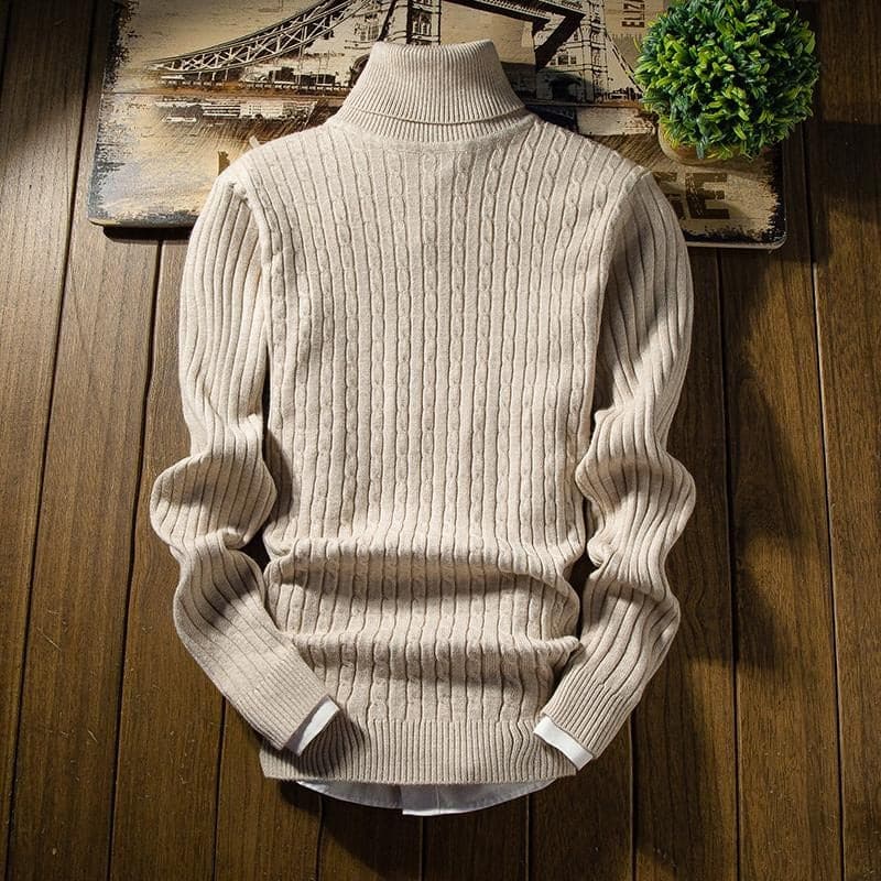 Men's Sweater - Cable Knit High Neck - Ribbed Cuffs and Hem - Warm and Comfortable
