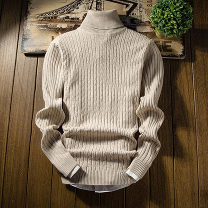 Men's Sweater - Cable Knit High Neck - Ribbed Cuffs and Hem - Warm and Comfortable