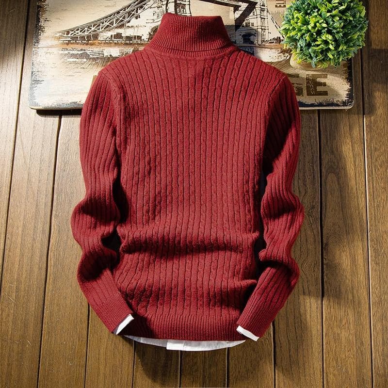Men's Sweater - Cable Knit High Neck - Ribbed Cuffs and Hem - Warm and Comfortable
