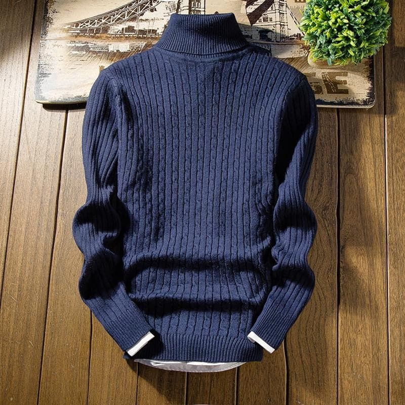 Men's Sweater - Cable Knit High Neck - Ribbed Cuffs and Hem - Warm and Comfortable