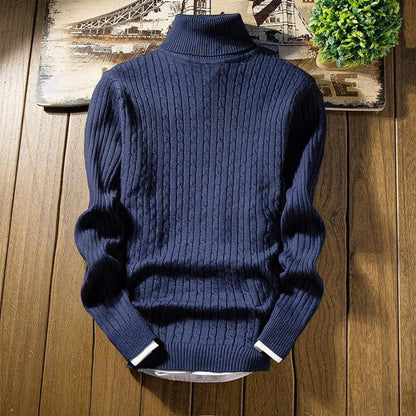 Men's Sweater - Cable Knit High Neck - Ribbed Cuffs and Hem - Warm and Comfortable