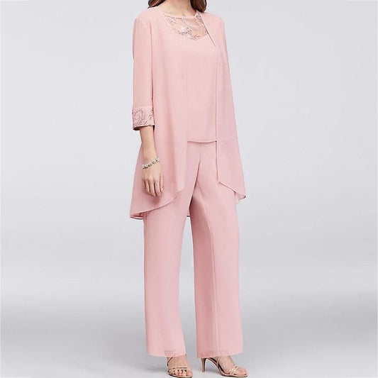 Women's Three-Piece Pantsuit – Elegant Jacket with Embroidered Cuffs – Wide Pants – Party Outfit
