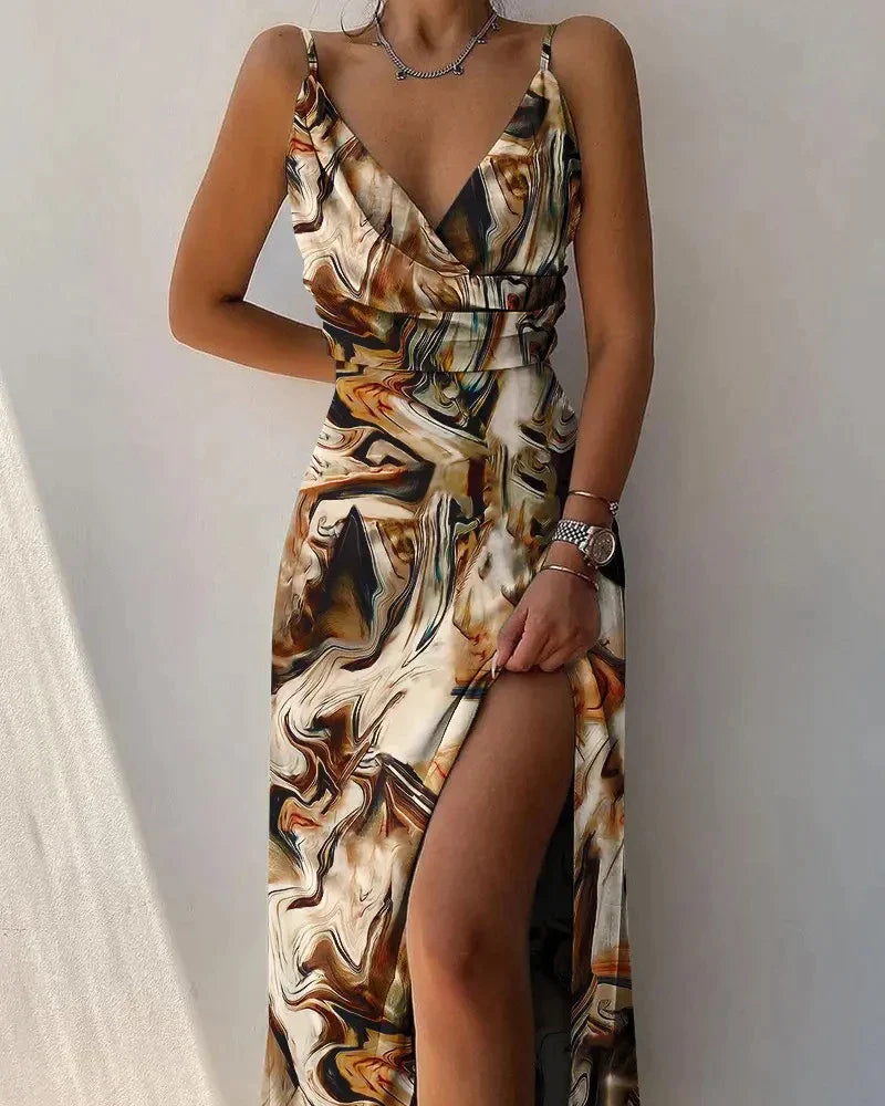 Women's Maxi Dress – Sleeveless with Spaghetti Straps – Deep V-neck – High Slit – Elegant Fit