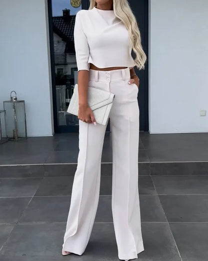 Dame Sett – Cropped Topp med Lange Ermer – Høytlivs Vide Bukser – Elegant Snitt