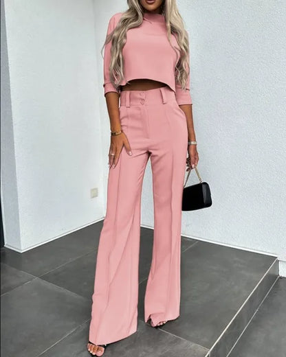 Dame Sett – Cropped Topp med Lange Ermer – Høytlivs Vide Bukser – Elegant Snitt