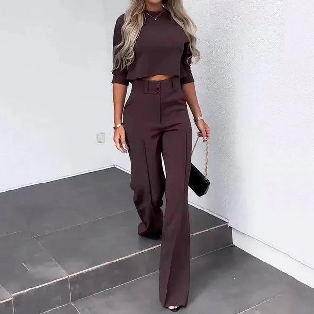 Dame Sett – Cropped Topp med Lange Ermer – Høytlivs Vide Bukser – Elegant Snitt