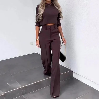 Dame Sett – Cropped Topp med Lange Ermer – Høytlivs Vide Bukser – Elegant Snitt