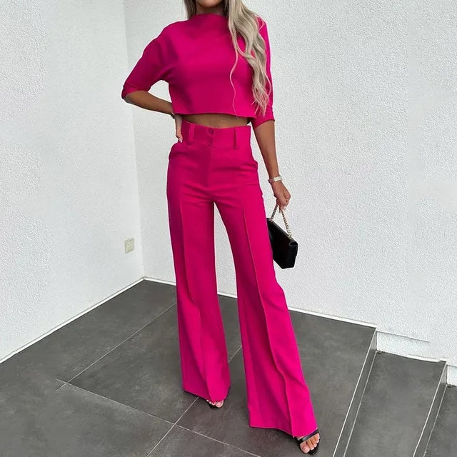Dame Sett – Cropped Topp med Lange Ermer – Høytlivs Vide Bukser – Elegant Snitt