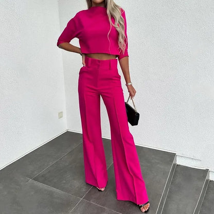 Dame Sett – Cropped Topp med Lange Ermer – Høytlivs Vide Bukser – Elegant Snitt
