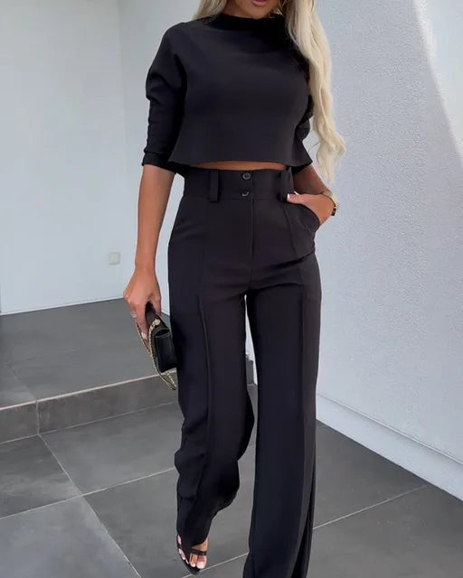 Dame Sett – Cropped Topp med Lange Ermer – Høytlivs Vide Bukser – Elegant Snitt