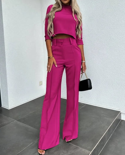 Dame Sett – Cropped Topp med Lange Ermer – Høytlivs Vide Bukser – Elegant Snitt