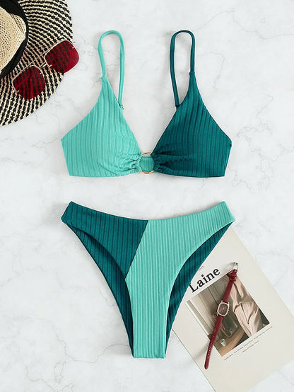 Women's Bikini Set – Push-Up Top – High-Waisted Bottom – Ribbed Fabric – Ring Detail