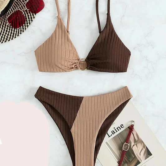 Women's Bikini Set – Push-Up Top – High-Waisted Bottom – Ribbed Fabric – Ring Detail