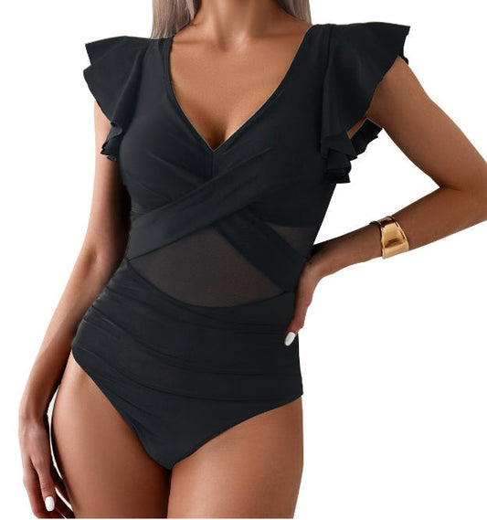 Women's Swimsuit – Quick-Drying – Deep V-Neck – Ruffle Sleeves – Mesh and Cross Detail