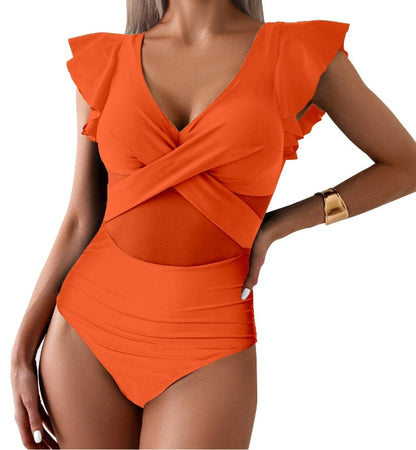 Women's Swimsuit – Quick-Drying – Deep V-Neck – Ruffle Sleeves – Mesh and Cross Detail