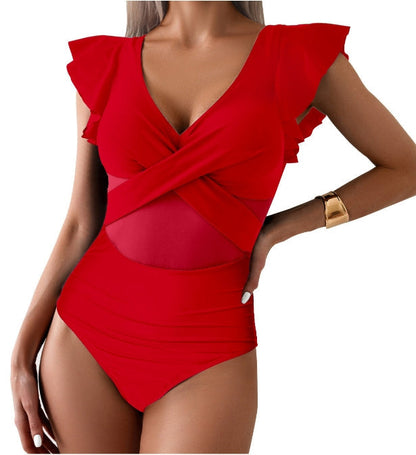 Women's Swimsuit – Quick-Drying – Deep V-Neck – Ruffle Sleeves – Mesh and Cross Detail