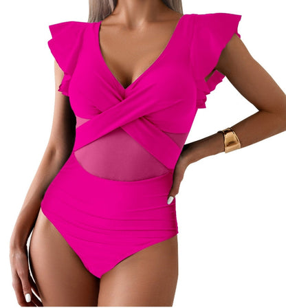Women's Swimsuit – Quick-Drying – Deep V-Neck – Ruffle Sleeves – Mesh and Cross Detail
