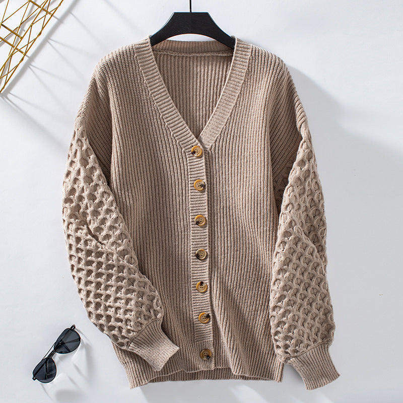 Women's Knitted Cardigan - V-neck - Balloon Sleeves - Soft and Loose Fit - Buttons