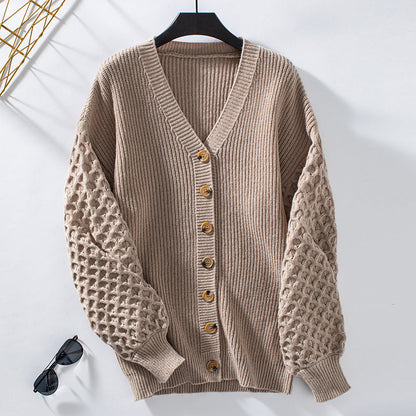 Women's Knitted Cardigan - V-neck - Balloon Sleeves - Soft and Loose Fit - Buttons