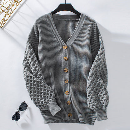 Women's Knitted Cardigan - V-neck - Balloon Sleeves - Soft and Loose Fit - Buttons