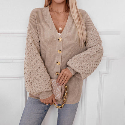 Women's Knitted Cardigan - V-neck - Balloon Sleeves - Soft and Loose Fit - Buttons