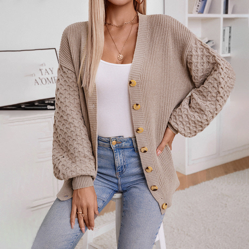 Women's Knitted Cardigan - V-neck - Balloon Sleeves - Soft and Loose Fit - Buttons
