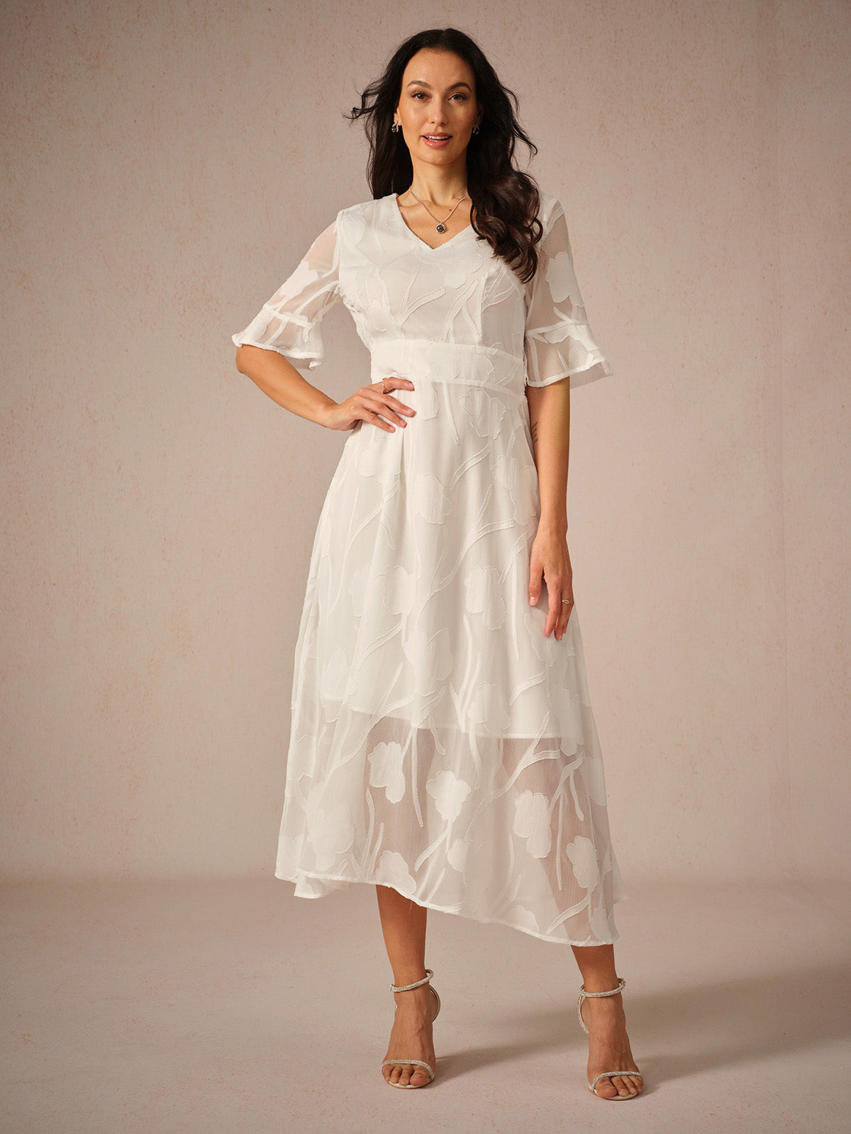 Dress for Women – Lace Maxi Dress – V-Neck – Ruffle Sleeves – Elegant Fit